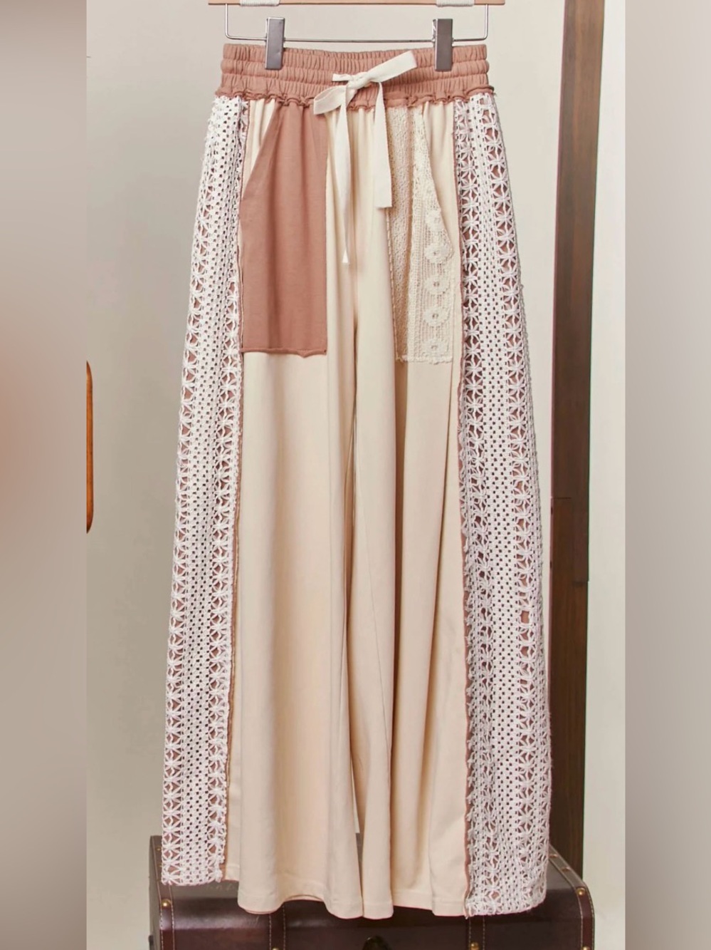 Mello Beige Wide Leg Pants with Crochet Trim